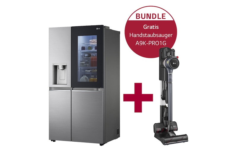 Vorderseite von Side-by-Side mit InstaView Door-in-Door® GSXV91PZAE & Handstaubsauger mit zwei Akkus I Iron Grey I LG CordZero® A9K-PRO1G GSXV91PZAE.A9K1G