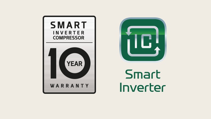 Das Logo „10 Year Warranty for the Smart Inverter Compressor“ befindet sich neben dem „Smart Inverter“-Logo.
