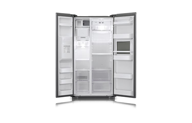 LG Side-by-Side mit puristischem Design und edler Premium Platinum-Front, Eis-, Crushed Eis- und Wasserspender sowie Soft Touch-Barfach, GS3159PVAV