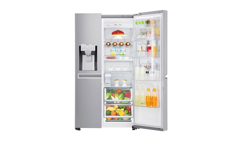 LG Side-by-Side mit Door-in-Door® | Eis-, Crushed Ice- und Wasserspender | 625 Liter Kapazität | Energieeffizienzklasse F | Interner Wassertank 4L | Edelstahl | GSJ961NEAZ, GSJ961NEAZ