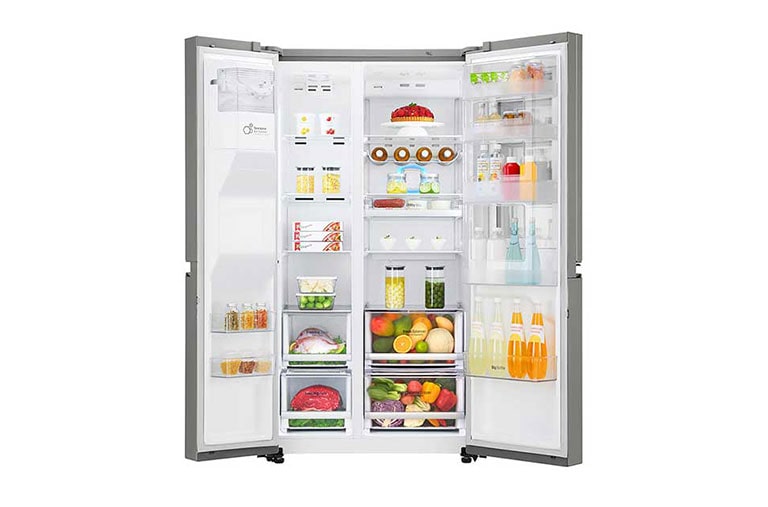 LG Side-by-Side mit InstaView Door-in-Door® | Eis-, Crushed Ice- und Wasserspender | 625 Liter Kapazität | Energieeffizienzklasse F | Festwasseranschluss | Edelstahl | GSX960NEAZ, GSX960NEAZ