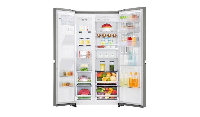 LG Side-by-Side mit InstaView Door-in-Door® | Eis-, Crushed Ice- und Wasserspender | 625 Liter Kapazität | Energieeffizienzklasse F | Festwasseranschluss | Edelstahl | GSX960NEAZ, GSX960NEAZ