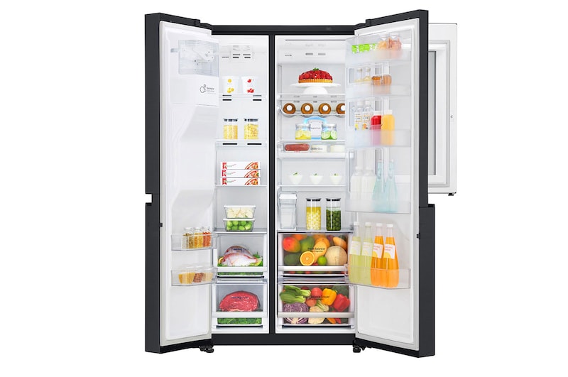 LG Side-by-Side mit InstaView Door-in-Door® | Eis-, Crushed Ice- und Wasserspender | 625 Liter Kapazität | Energieeffizienzklasse F | Interner Wassertank 4L | Matte Black | GSX961MCVZ, GSX961MCVZ
