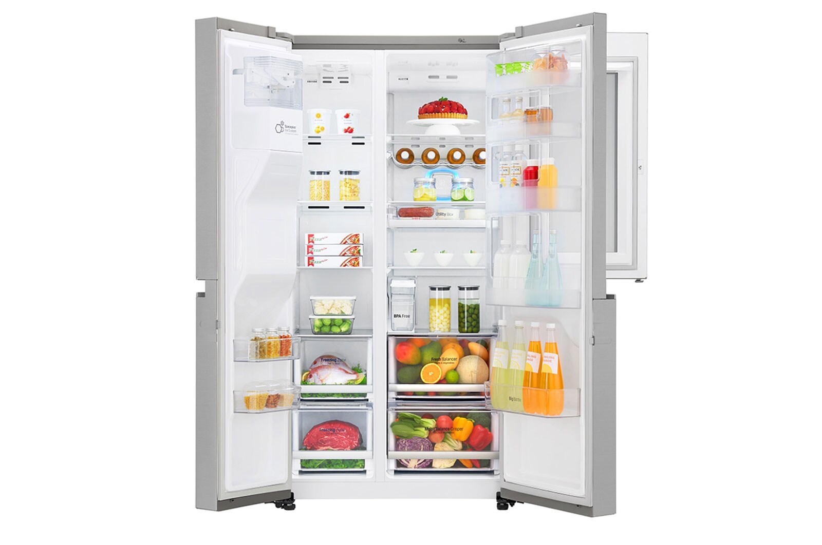 LG Side-by-Side mit InstaView Door-in-Door® | Eis-, Crushed Ice- und Wasserspender | 625 Liter Kapazität | Energieeffizienzklasse F | Interner Wassertank 4L | Edelstahl | GSX961NEAZ, GSX961NEAZ