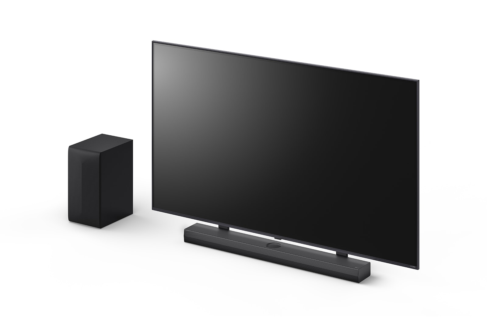 Schrägansicht des 65-Zoll LG QNED, der LG Soundbar DS70TY und des Subwoofers