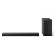 Frontansicht der LG Soundbar DS60T, Subwoofer und hintere Lautsprecher