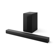 Schrägansicht der LG Soundbar DS60T, Subwoofer und hintere Lautsprecher