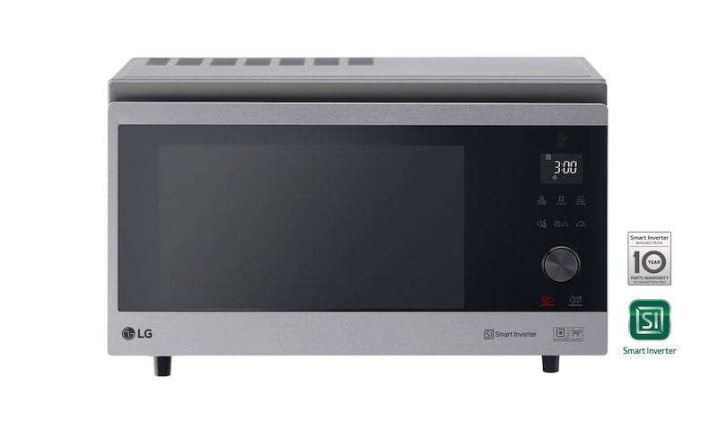 Vorderansicht der 39 L & 1350 Watt Mikrowelle mit Hybrid-Heißluftofen Silber MJ3965ACS