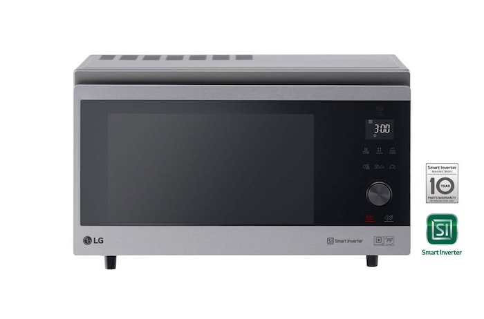 Vorderansicht der 39 L & 1350 Watt Mikrowelle mit Hybrid-Heißluftofen Silber MJ3965ACS