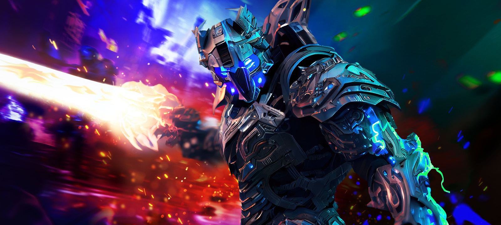 Nano IPS Black-A robotic warrior in armor firing an energy weapon with a glowing blue and fiery background.