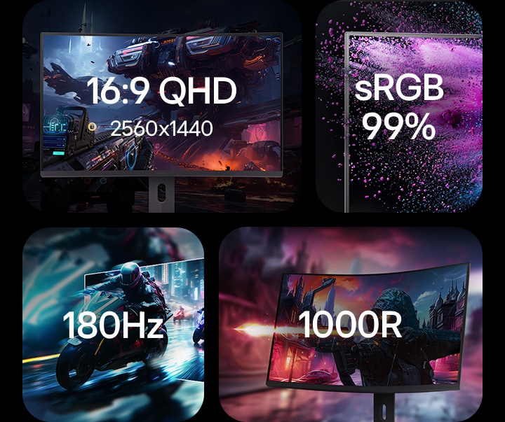 16:9 QHD 2560x1440, sRGB99 %, 180Hz, 1000R