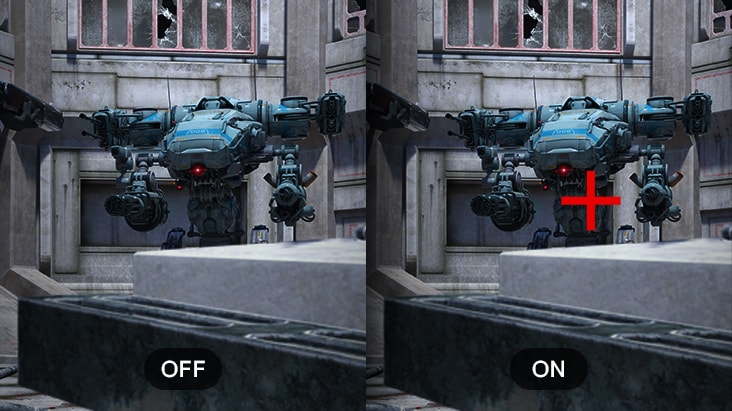 Zeigt die Fadenkreuzfunktion in Aktion über den UltraGear Monitor an.