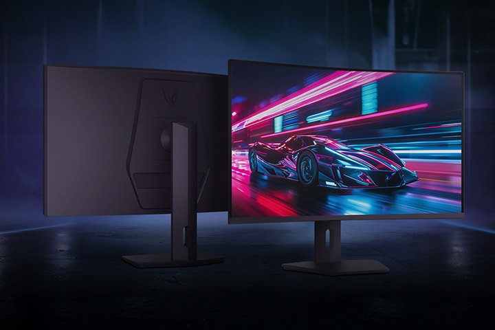 Bild von UltraGear-Produkten auf dunkelblauem Hintergrund, wobei das linke Produkt die Rückseite und das rechte Produkt die Vorderseite zeigt