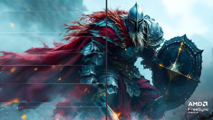 Ein Gameplay-Bild eines riesigen Monsters mit silberner Rüstung und rotem Cape, das einen Schild hält.