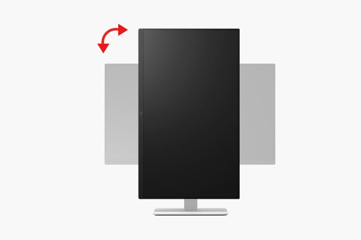 Das Bild zeigt die Drehfunktion eines Monitors und verdeutlicht, wie der Bildschirm für vielseitige Anzeigeoptionen zwischen Quer- und Hochformat gedreht werden kann.	