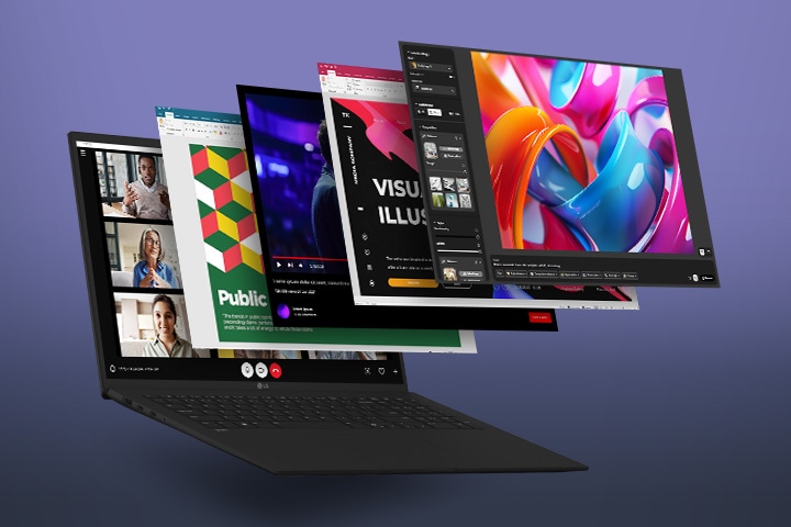 Das Bild zeigt einen Laptop mit mehreren Anwendungsfenstern, die nach außen schweben und so die Multitasking-Fähigkeiten des Laptops demonstrieren. Die vorgestellten Apps reichen von Videobearbeitung bis hin zu Präsentationen und unterstreichen die Leistungsfähigkeit des Laptops für verschiedene Aufgaben.