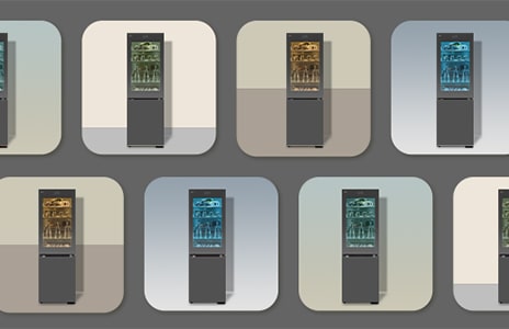 Abbildung von Kühlschränken auf verschiedenen farbigen Hintergründen