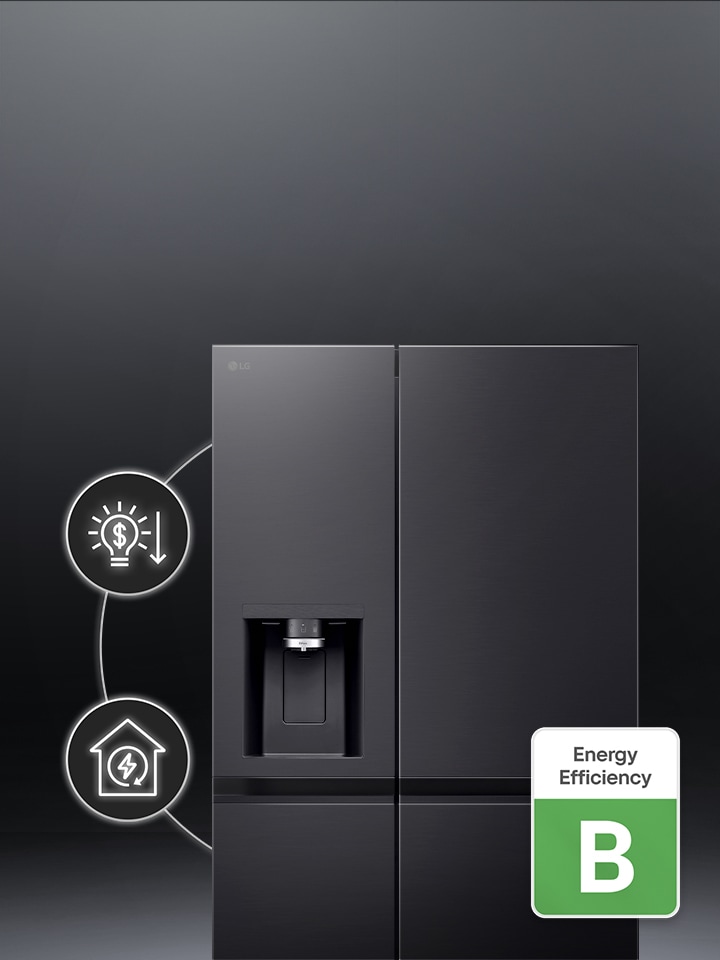 LG Side-by-Side Kühlschrank mit Energieeffizienzgrad-B-Logo an der Seite.