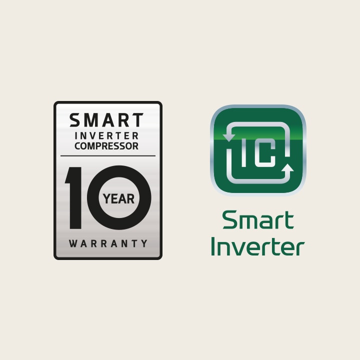 Die 10-Jahres-Garantie für das Smart Inverter Compressor-Logo befindet sich neben dem Smart Inverter-Logo.