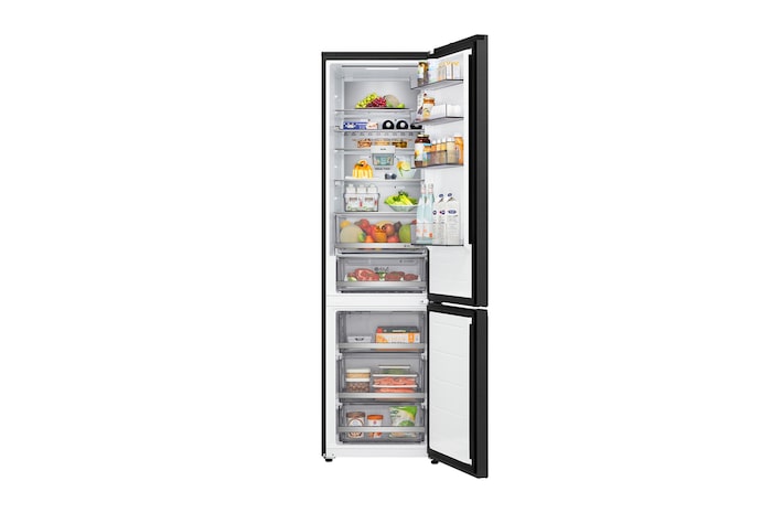 LG Unterer Gefrierschrank (GBBW726AEV) mit vollständiger Sicht auf die geöffnete Tür mit Sicht auf Kühlschrank- und Gefrierfächer