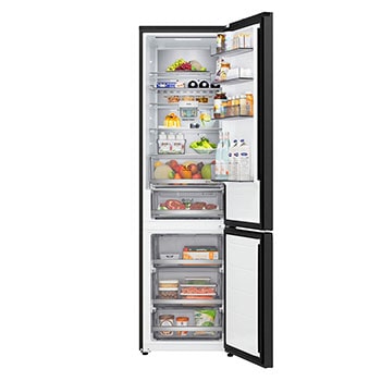 LG Unterer Gefrierschrank (GBBW726AEV) mit vollständiger Sicht auf die geöffnete Tür mit Sicht auf Kühlschrank- und Gefrierfächer