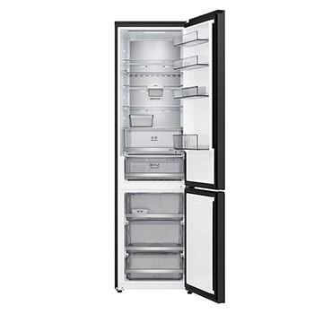 LG Unterer Gefrierschrank (GBBS726CPY) mit vollständiger Sicht auf die geöffnete Tür mit Sicht auf Kühlschrank- und Gefrierfächer