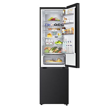 LG Kühl-/Gefrierschrank (GBBS726CPY) Draufsicht mit Kühlschrank in mattem Schwarz links und Schrankwand rechts