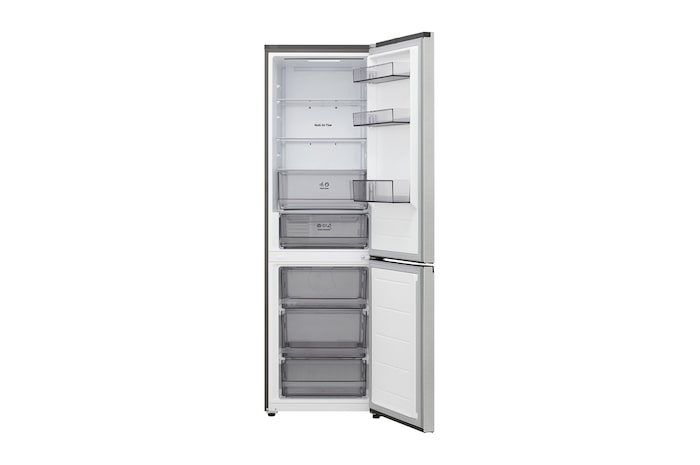 LG bottom freezer (GBBS726CPY) full door open view showing fridge and freezer compartments