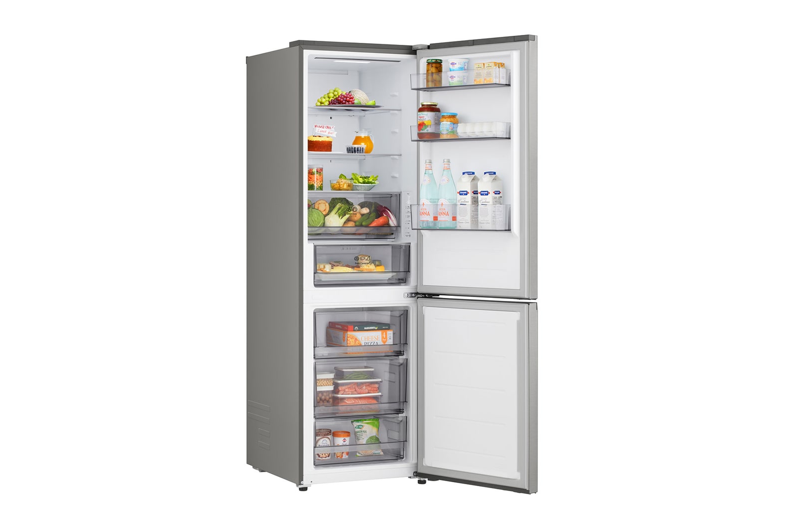 LG bottom freezer (GBBS726CPY) in living space with night city view overlaid with AI Saving Mode graphic and fluctuating energy chart