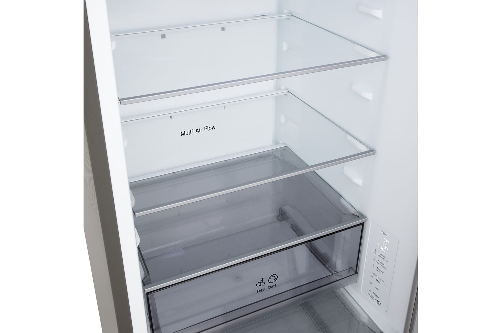 LG fridge freezer (GBBS726CPY) close up of wine rack holding four bottles and box of macarons with rack design magnified in circular image