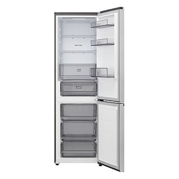 LG bottom freezer (GBBS726CPY) full door open view showing fridge and freezer compartments