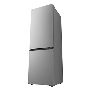 LG fridge freezer (GBBS726CPY) shelf highlighted in blue with arrows up and down right image shows folded shelf holding two water bottles