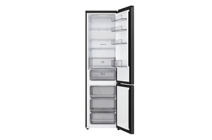 LG bottom freezer (GBBS726CEV) full door open view showing fridge and freezer compartments