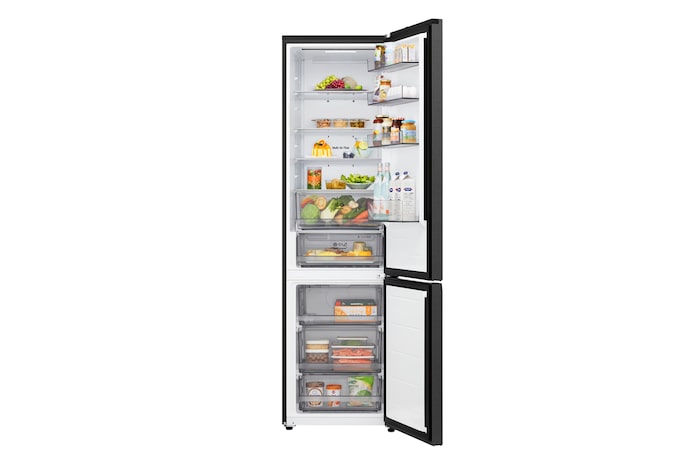 LG fridge freezer (GBBS726CEV) top view with matte black fridge on left and cabinet wall on right
