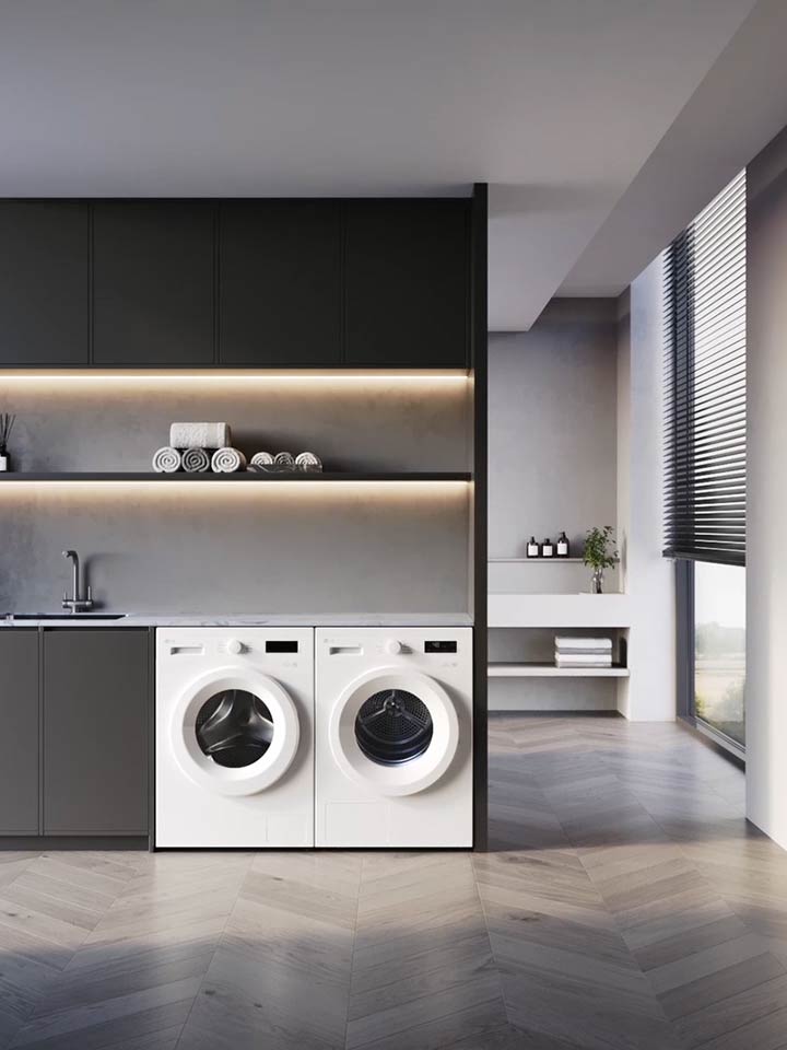 Video, das in den LG Trockner in der mit einer LG Waschmaschine ausgestatteten Waschküche zoomt.