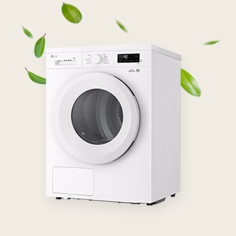 Bild von Blättern, die um eine Waschmaschine herum wirbeln.