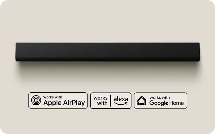 Eine Perspektive von oben auf eine LG Soundbar. Apple AirPlay-Logo Amazon Alexa-Logo Google Home-Logo