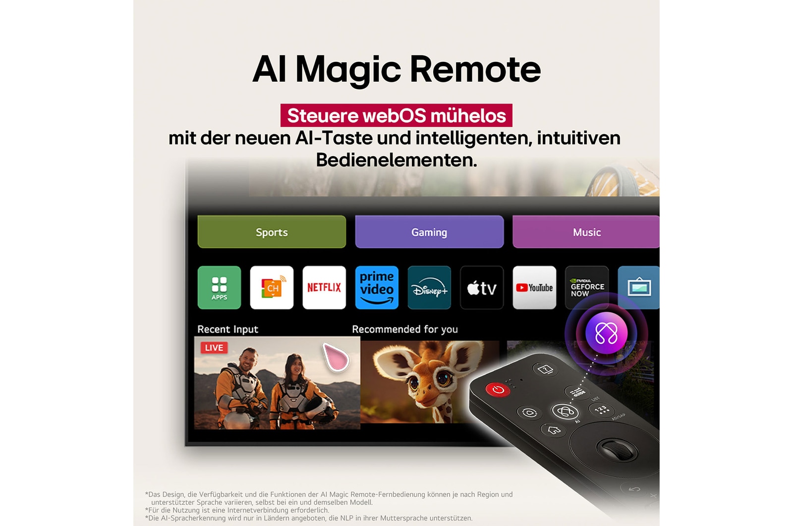 LG AI Magic Remote im Vordergrund. Das AI-Tastensymbol ist hervorgehoben. Im Hintergrund ist die LG webOS-Oberfläche zu sehen. Der Mauszeiger zeigt an, dass die Fernbedienung in Gebrauch ist. Der Text erklärt, wie die Funktionen und Bedienelemente der Fernbedienung das Navigieren in webOS erleichtern.