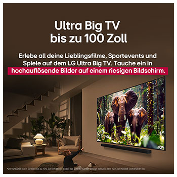 Ein Mädchen und ein Hund sitzen vor einem LG QNED-Fernseher, der an einer Wand montiert ist und drei Elefanten zeigt, die über einer LG Soundbar nach außen laufen. Der Titel spricht davon, dass jede Aktion auf einem großen Bildschirm noch spannender ist.