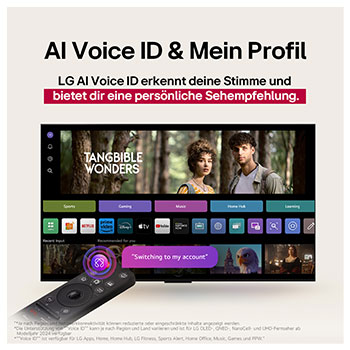 Auf einem LG QNED TV-Bildschirm befindet sich die webOS 25-Startseite, die mit Apps und Unterhaltungsinhalten gefüllt ist. Neben dem Fernseher befindet sich die LG Al Magic Remote. Die Al-Taste ist hervorgehoben, als ob sie durch die Stimme des Benutzers aktiviert würde. Daneben befindet sich eine Sprechblase, die auf mein Konto umschaltet. Der kurze Text erklärt, wie Nutzer ihre Stimme mit ihrem persönlichen Profil synchronisieren können, um die Navigation zu erleichtern und personalisierte Empfehlungen zu erhalten.