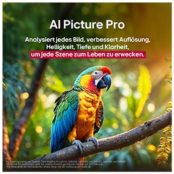 Papagei auf einem Ast in lebendigen Farben. Der Titel beschreibt, wie LG Al Picture Pro die Auflösung, Helligkeit, Tiefe und Klarheit der Szene eindrucksvoll verbessert hat.