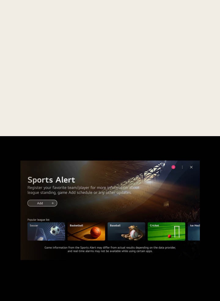 webOS-Startbildschirm mit Cursor, der auf die Quick Card „Game“ und dann auf „Sport“ klickt, beides führt zu Bildschirmen mit verwandten Inhalten.