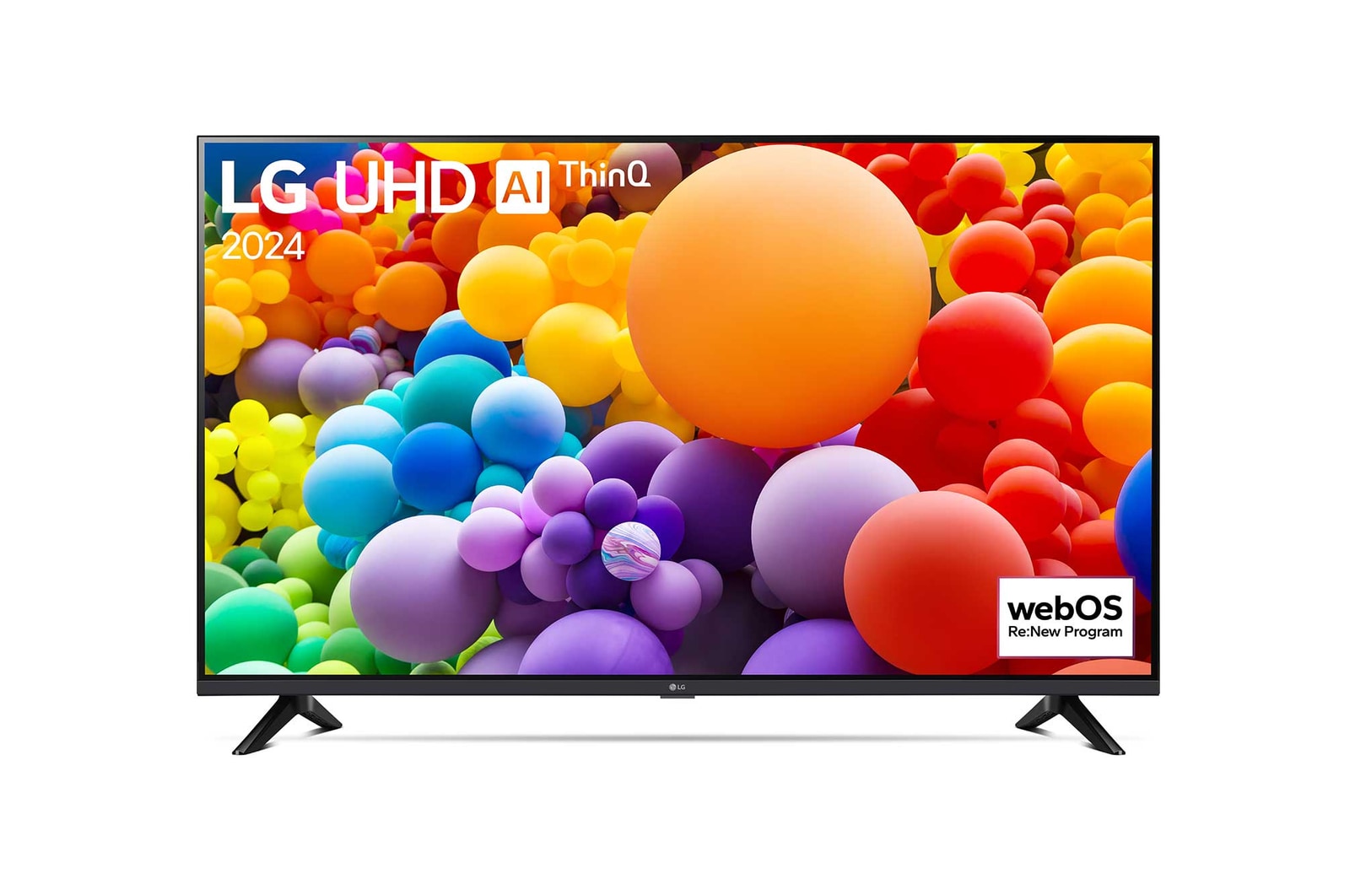 Vorderansicht des LG UHD TV, UT80 mit Text von LG UHD AI ThinQ und 2024 auf dem Bildschirm