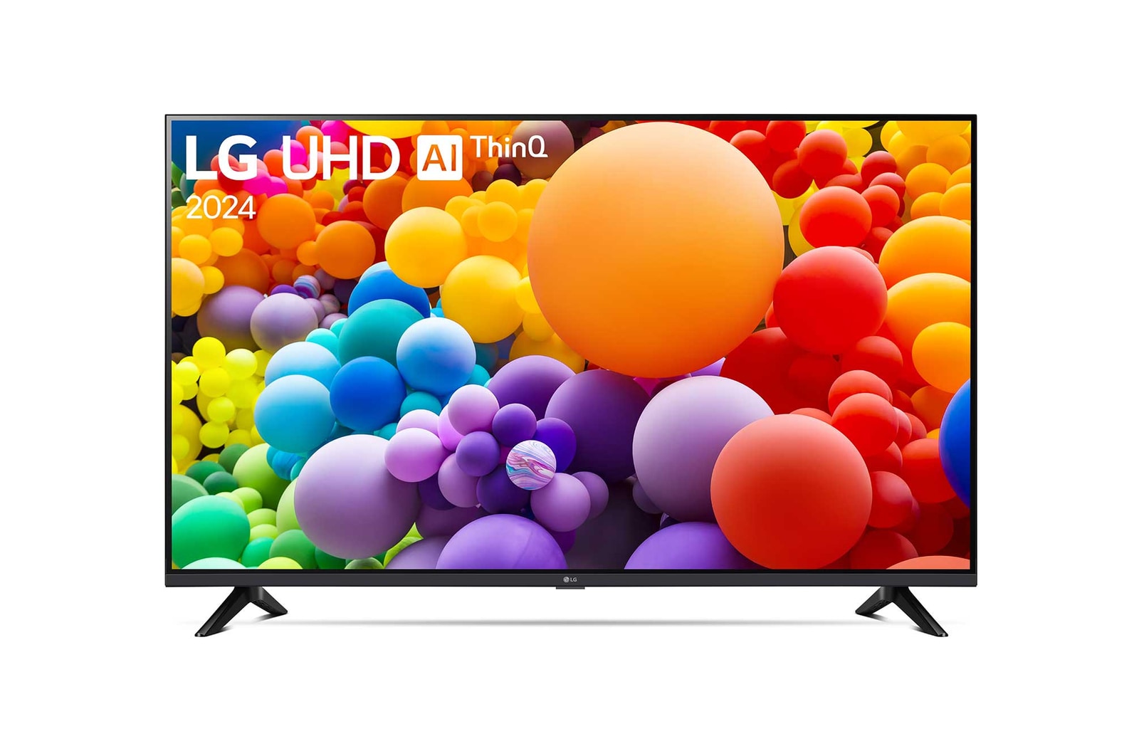 Leicht geneigte, nach links gerichtete Seitenansicht ansicht des LG UHD TV, UT80