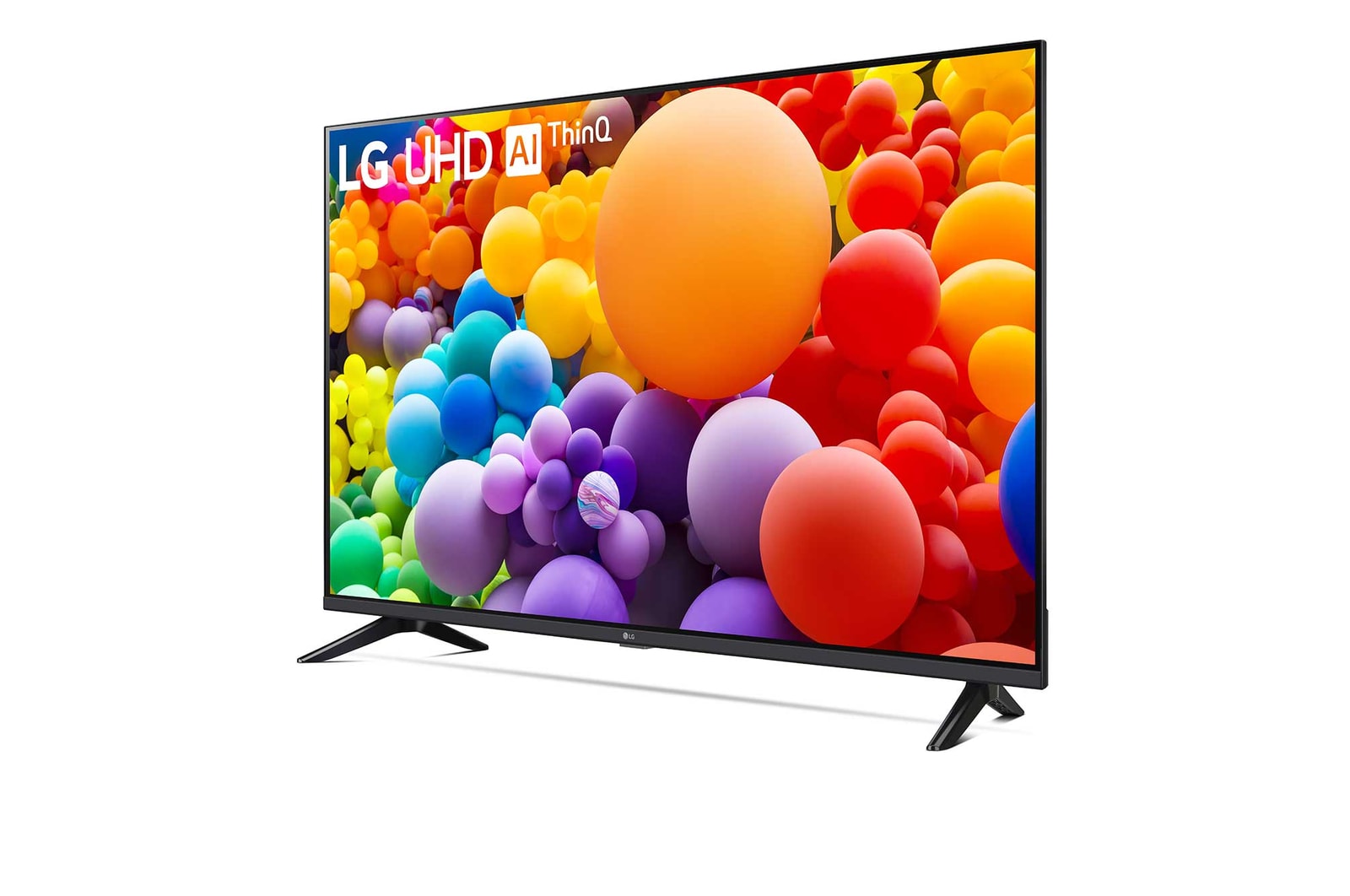 Leicht geneigte, nach links gerichtete Seitenansicht ansicht des LG UHD TV, UT80