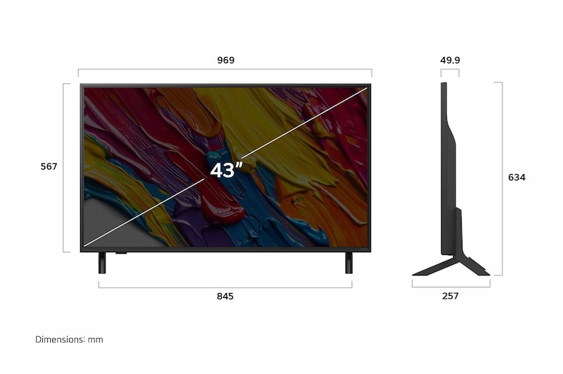 Frontansicht und Seitenansicht des LG QNED evo AI 4K Smart TV mit den Abmessungen Länge, Breite, Höhe und Tiefe.