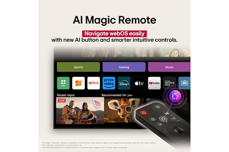 Auf einem LG QNED TV-Bildschirm befindet sich die webOS 25-Startseite, die mit Apps und Unterhaltungsinhalten gefüllt ist. Neben dem Fernseher befindet sich die LG Al Magic Remote. Die Al-Taste ist hervorgehoben, als ob sie durch die Stimme des Benutzers aktiviert würde. Daneben befindet sich eine Sprechblase, die auf mein Konto umschaltet. Der kurze Text erklärt, wie Nutzer ihre Stimme mit ihrem persönlichen Profil synchronisieren können, um die Navigation zu erleichtern und personalisierte Empfehlungen zu erhalten.