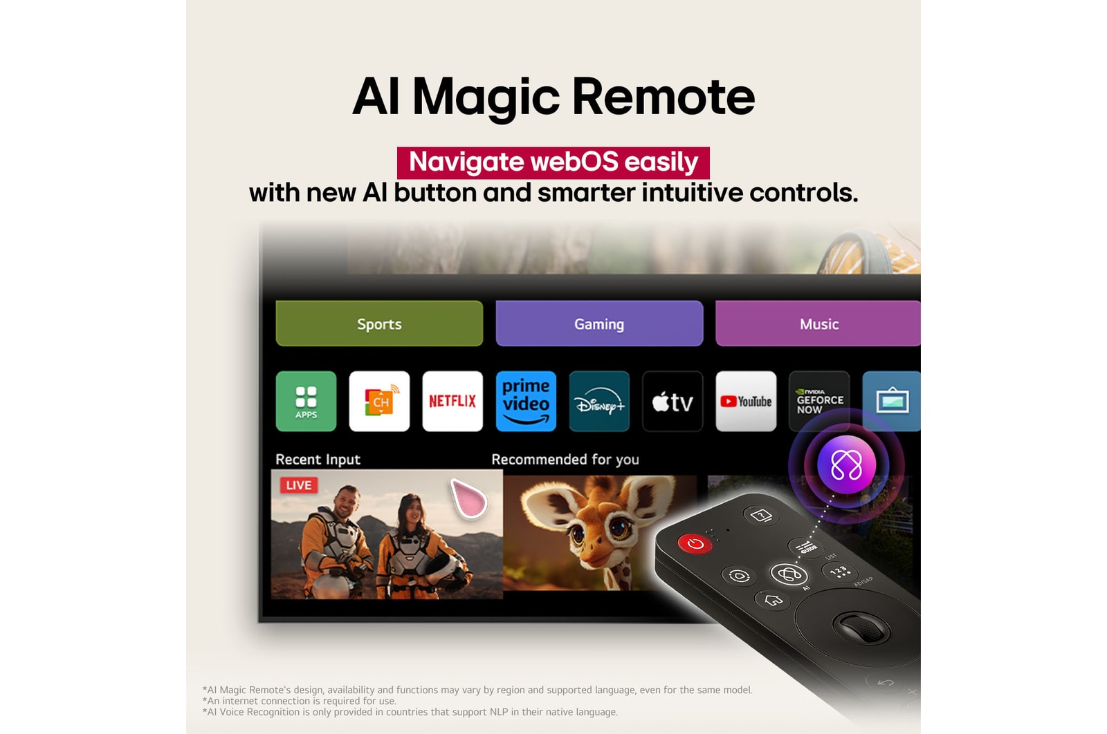 LG AI Magic Remote im Vordergrund. Das AI-Tastensymbol ist hervorgehoben. Im Hintergrund ist die LG webOS-Oberfläche zu sehen. Der Mauszeiger zeigt an, dass die Fernbedienung in Gebrauch ist. Der Text erklärt, wie die Funktionen und Bedienelemente der Fernbedienung das Navigieren in webOS erleichtern.