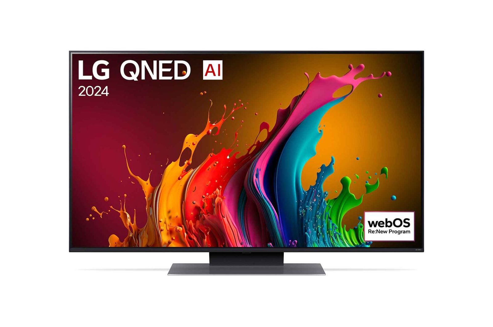 Ansicht der Vorderseite des LG QNED TV, QNED85 mit Text LG QNED und 2024 auf dem Bildschirm