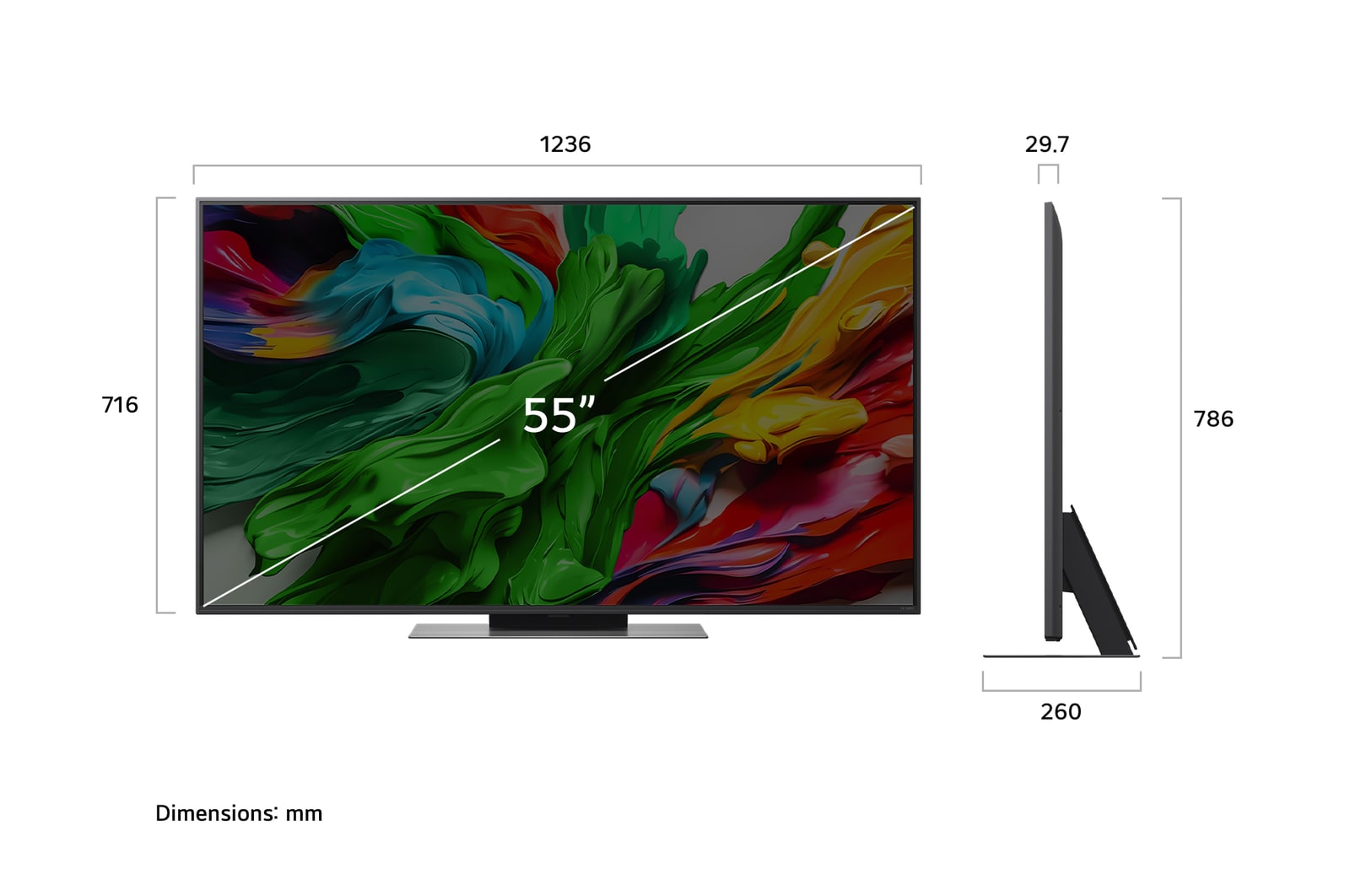 Frontansicht und Seitenansicht des LG QNED evo AI 4K Smart TV mit den Abmessungen Länge, Breite, Höhe und Tiefe.